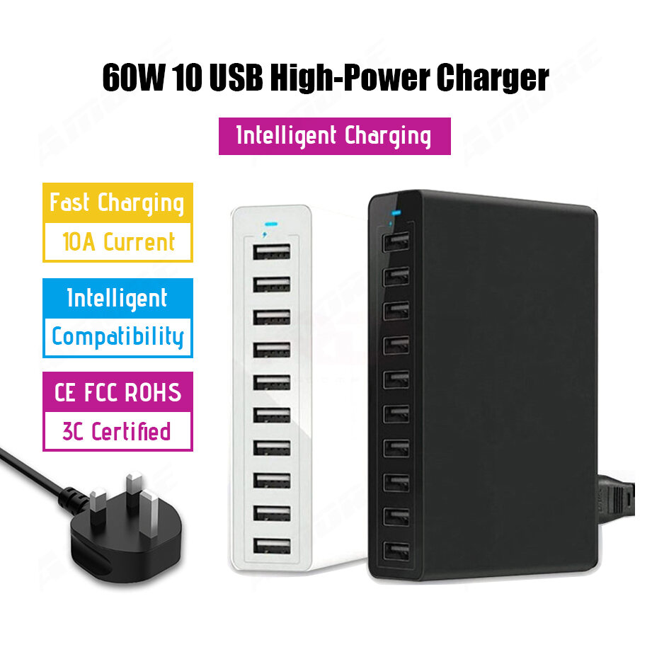 [SG] Multi Port USB Charger 5V 12A Power 60W Fast Charge Station 10 Port USB Charger UK Plug
