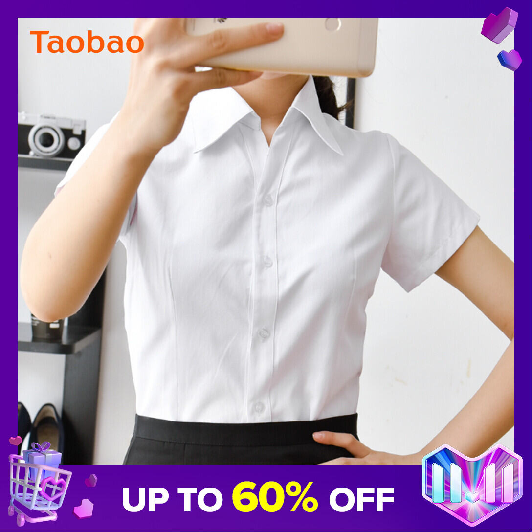 White Shirt Women's Short Sleeve Business Wear Formal Wear Work Clothes Bank White Collar Waist Hugging V-neck Shirt Half Sleeve Twill Cotton OL