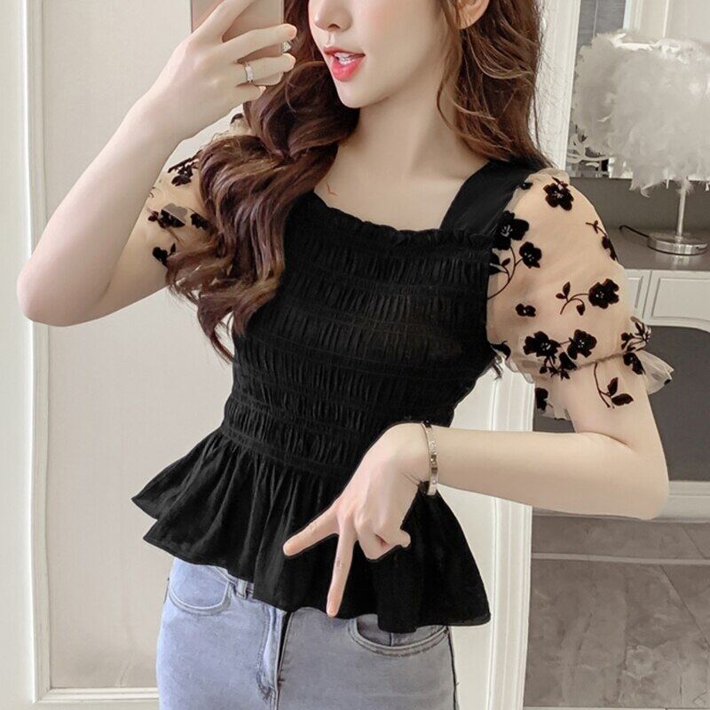 Blouse Korean Style Women NEW Summer Short Mesh Puff Sleeve Ladies Solid Color Elasticity Chiffon Blouses Square Neck Female Tops