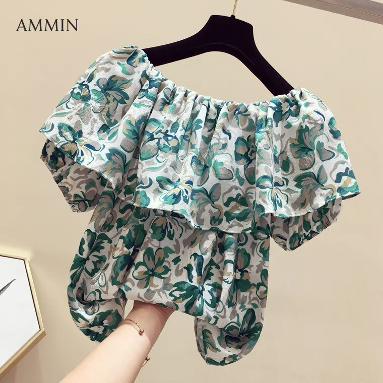 AMMIN Tops Korean style Western floral chiffon shirt short-sleeved women's summer 2021 new elastic one-line neck ruffled short style fashion all-match women's blouse