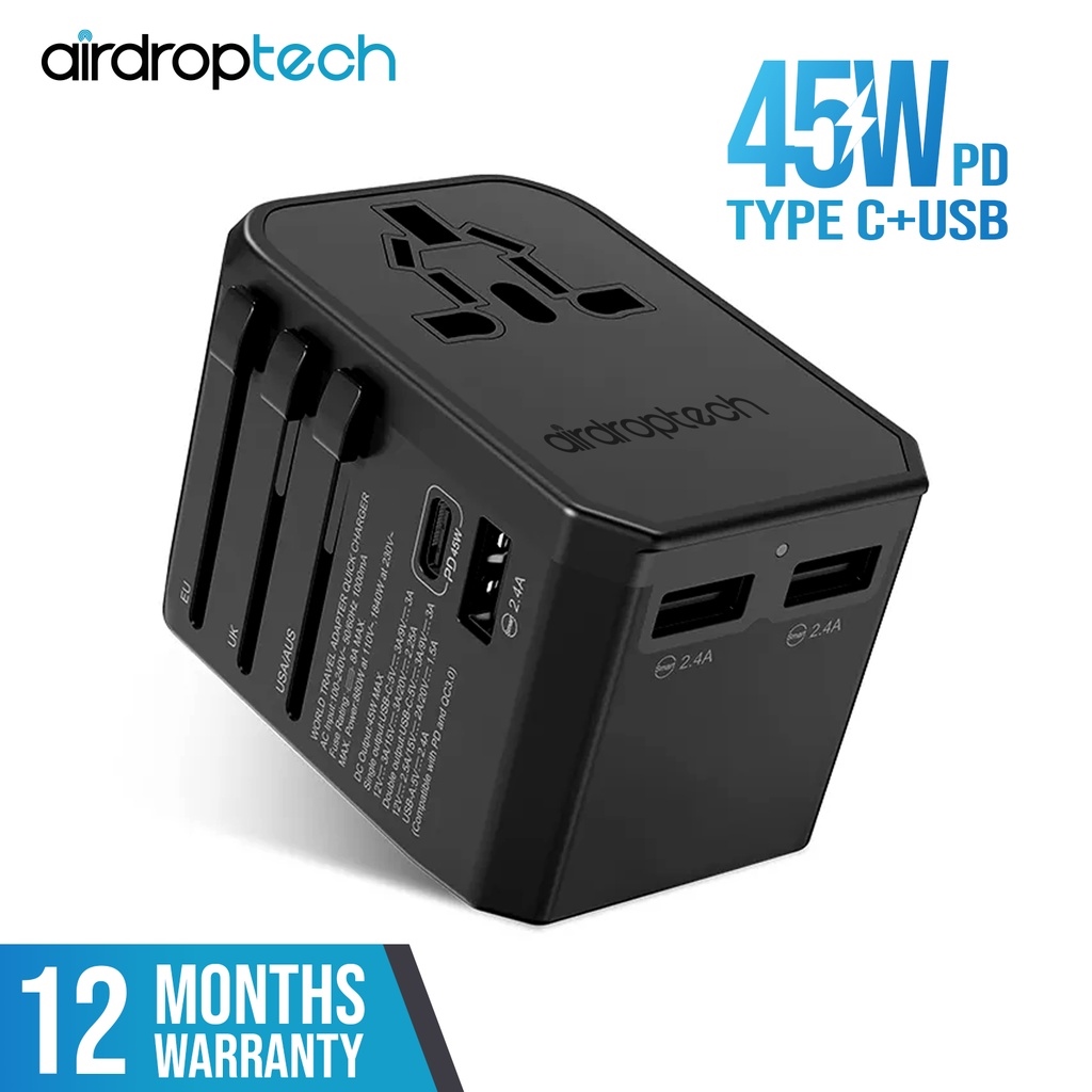 AIRDROPTECH 45W PD Type-C QC3.0 Port Universal Travel Adapter (Black)