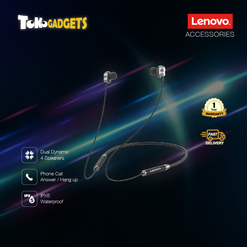 Lenovo HE08 Neckband Wireless Bluetooth Earphone In-Ear Headset with Mic Sweatproof (Dual Dynamic 4 Speakers) - 1 Year Warranty