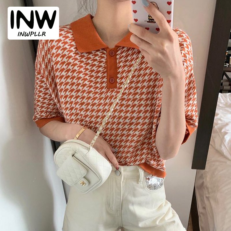 INWPLLR Women Tops Short Sleeve Turn-down Collar Houndstooth T-shirts Summer Super Fire Knit Plaid Tshirt Female