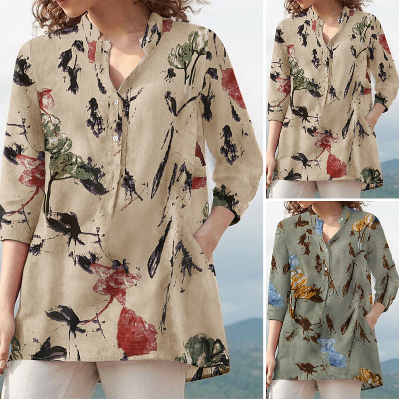 Rulfepy Women Collarless V Neck Shirts Vintage Floral Print Shirt Tops Loose Blouse Tee
