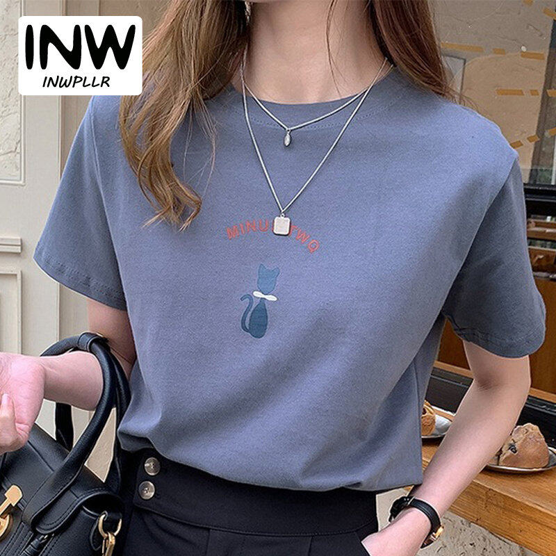 INWPLLR Women Tops Cute Cat Print Tshirt Summer Wear Women T-shirts Korea Letter T-shirt Women's Fashion Short Sleeve Tshits