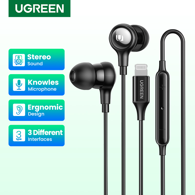 UGREEN Stereo Bass Headphone In-Ear 3.5mm Earphone Type C Lightning Wired Earphones Metal HiFi Stereo Sound Earpiece with MIC for Xiaomi Samsung Huawei iPhone