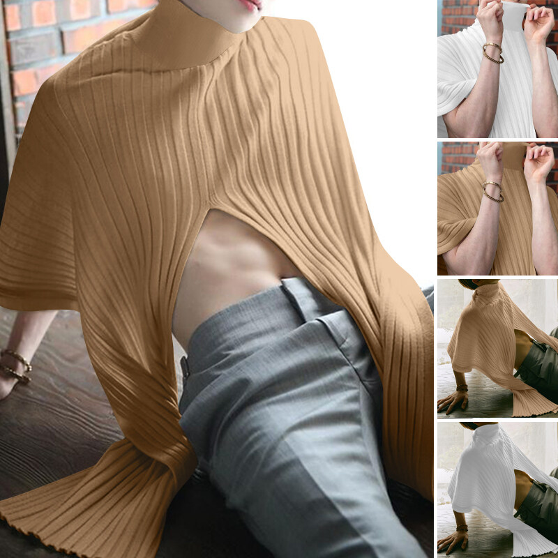 Beehoo INCERUN Mens Loose Poncho Cloak High Neck Knitwear Cape Shirts Short Sleeve Hippy Tops