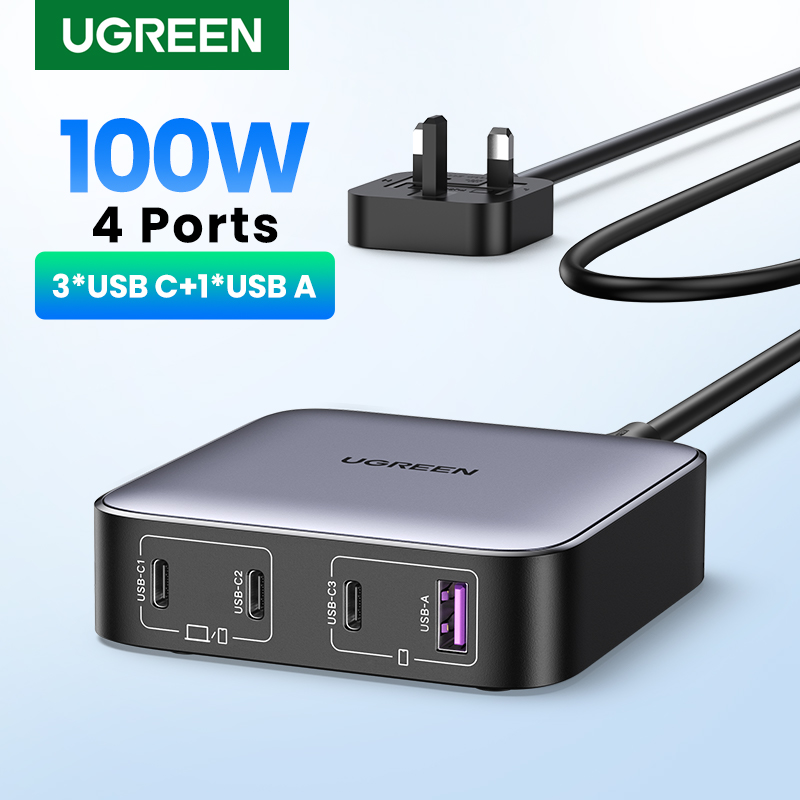 UGREEN GaN 4-Port PD 100W 3*Type C 1*USB A Desktop Smart Fast Charger Type-C Simultaneous Power Supply Multiple Ports for MacBook Pro/Air, iPhone 14 13 Pro Max iPhone 14 Plus/12 11, iPad Pro/Mini, Hua