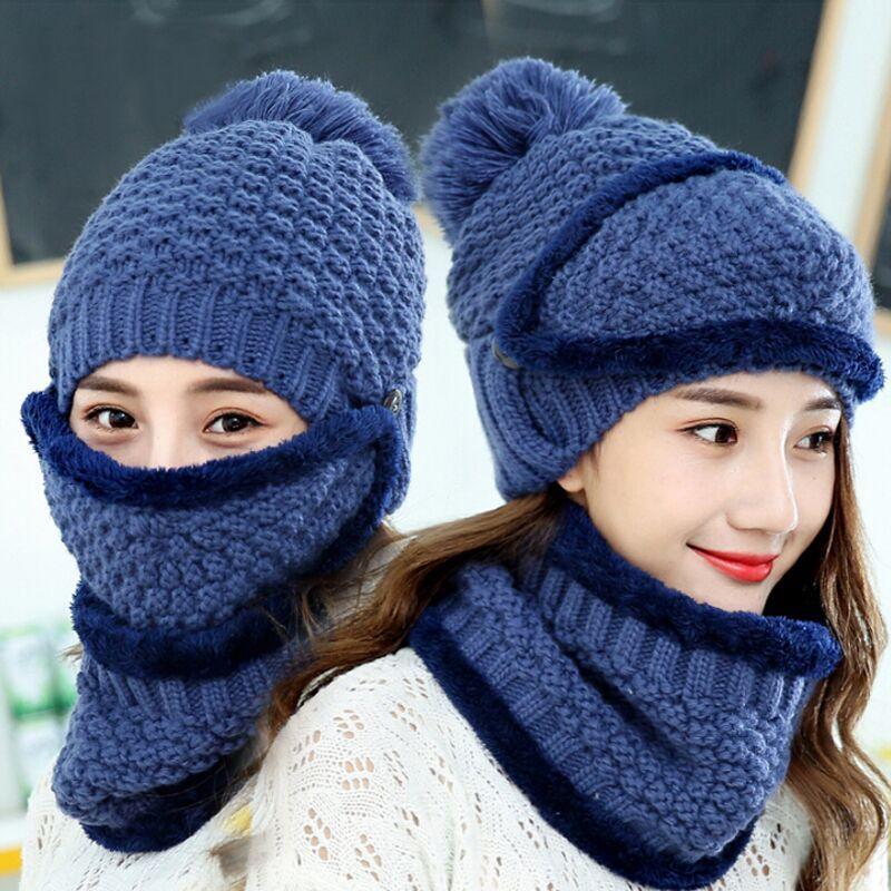 1 set(3pcs) Winter Hat Scarf Mask Set Thick Warm Knit Outdoors Ski Beanie Hat and Scarf For Women - intl