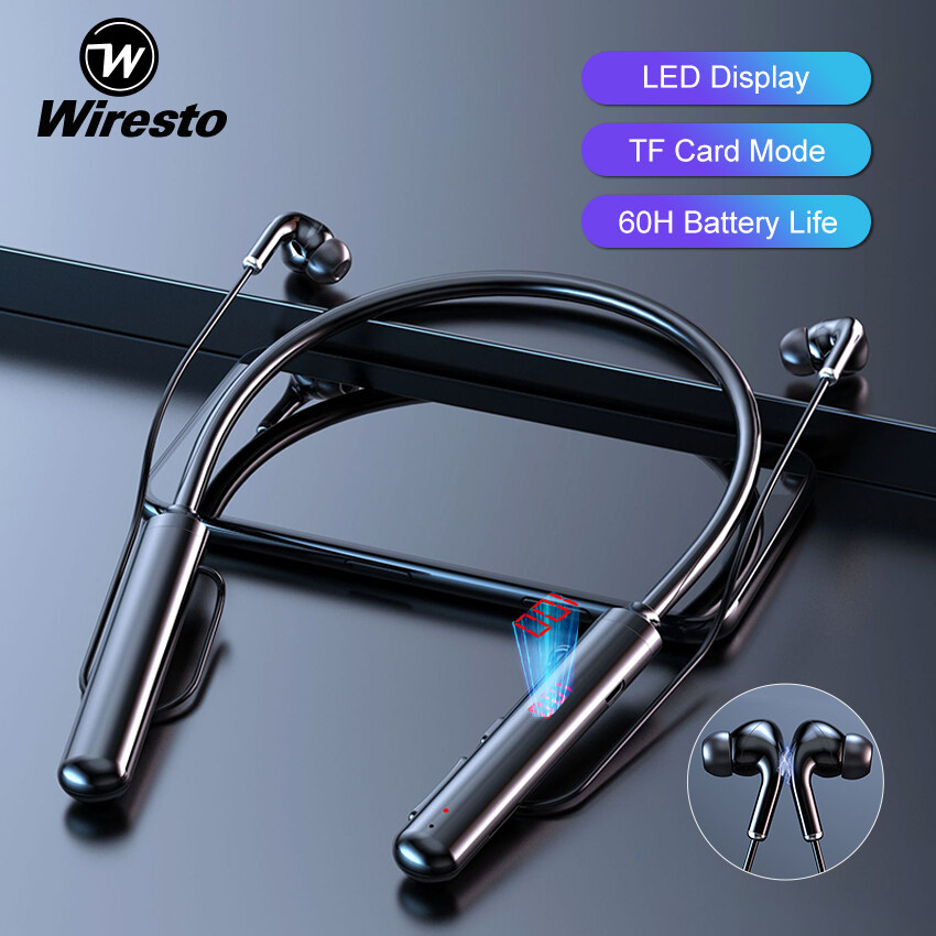 Wiresto Magnetic Headphones Bluetooth 5.0 Earphone Super Bass Wireless Earbuds 60H Standby Neckband Headphone Soft Silicone IPX5 Waterproof Sport Earphone HIFI Stereo Headsets Support 32G TF Card