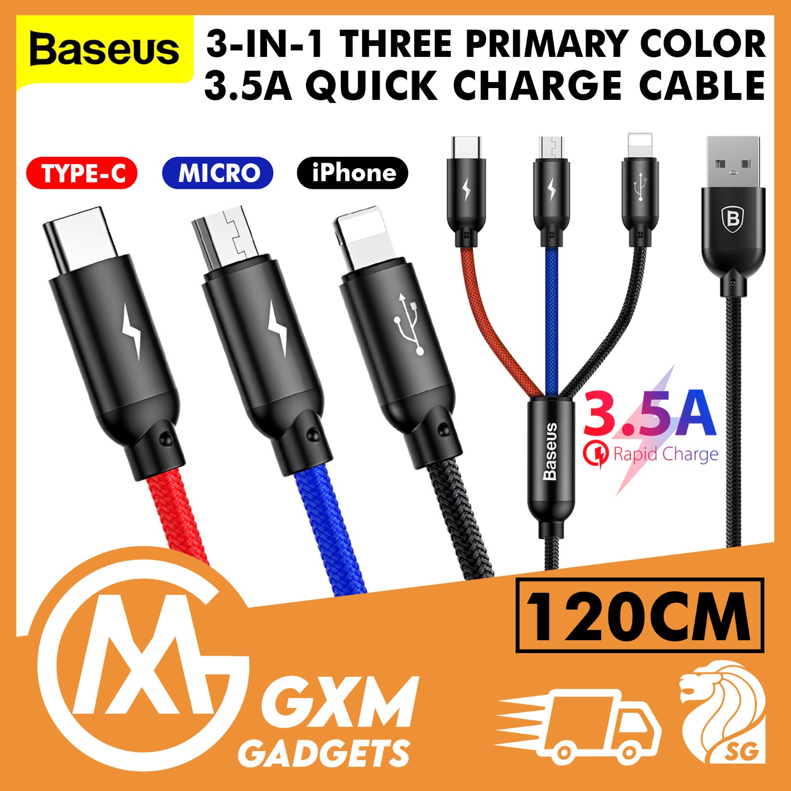 Baseus Three Primary Color 3 in 1 3.5A Multi Charging Type-C Micro USB IOS Android Fast Charging Mobile Phone Tablet Cable