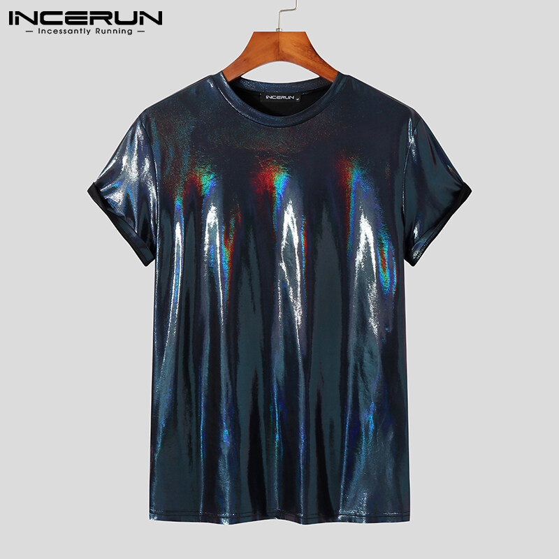 Medussa INCERUN Men Glitter Shiny Wet Look Short Sleeve T-Shirt Fit Tee Top(Western Style)