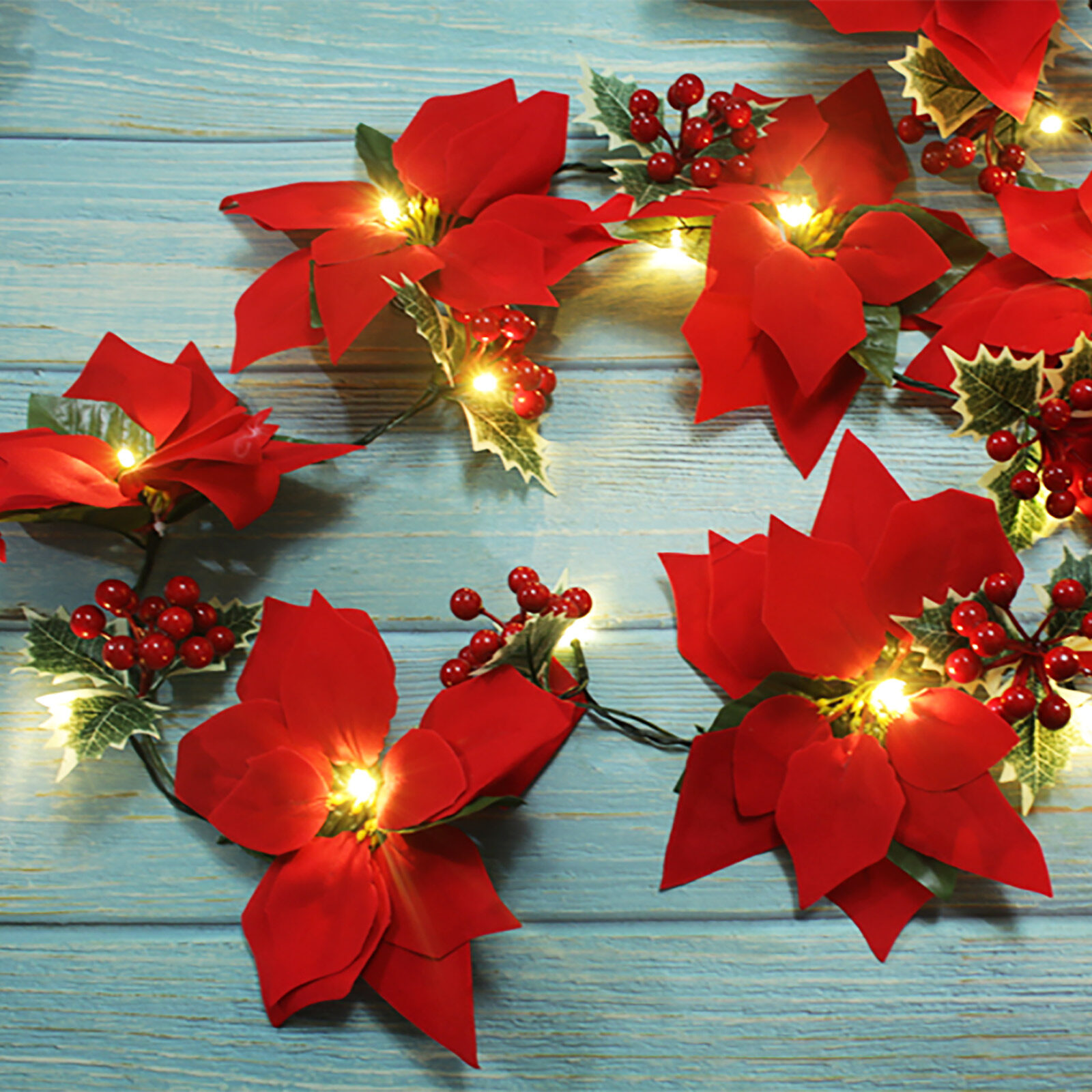 [Pantorastar] Simulation Flowers Holiday Lights Cable Tie With For Christmas Tree Home Decoration 2 Meters Flannelette Poinsettia String
