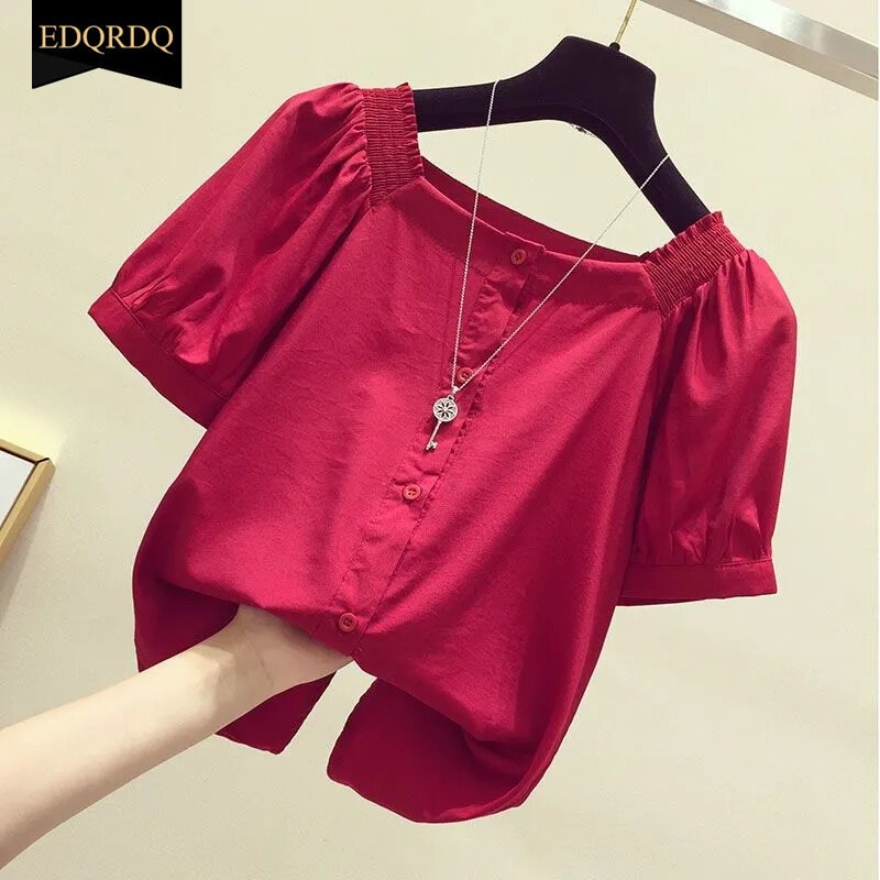 EDQRDQ Women's Short Sleeve Off Shoulder Blouse Button Down Puff Sleeves Tops