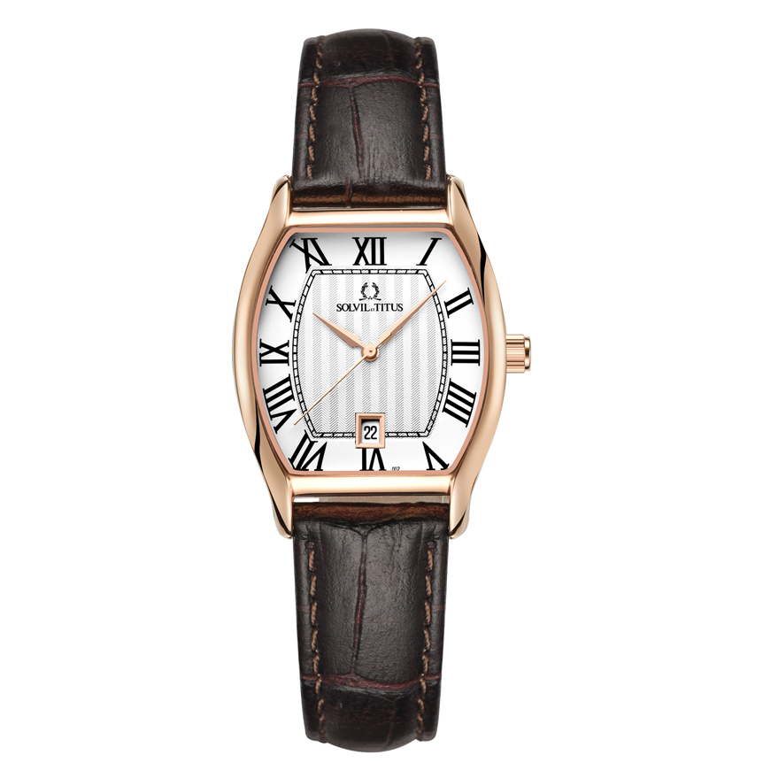Solvil et Titus Barista Women's 3 Hands Date Quartz in Silver White Dial and Dark Brown Leather Strap W06-02825-002