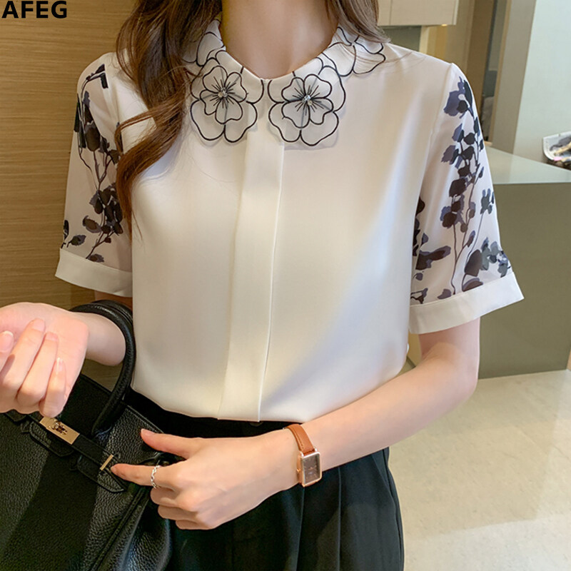 AFEG new Korean fashion loose all-match printed chiffon short-sleeved blouse for women