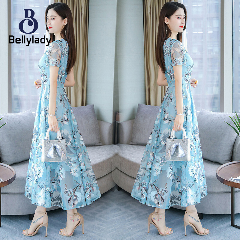 Women Summer Short Sleeve Flower Pattern Casual Long Dress