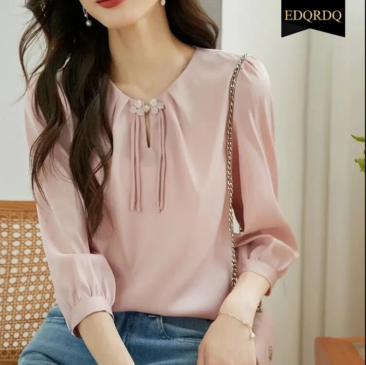 EDQRDQ Elegant 3/4 Sleeve Tops Chinese Style Strappy O Neck Blouses for Women