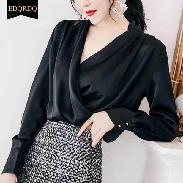 EDQRDQ Women's Casual Chiffon Tops V Neck Long Sleeve Elegant Shirts Wrap Blouses