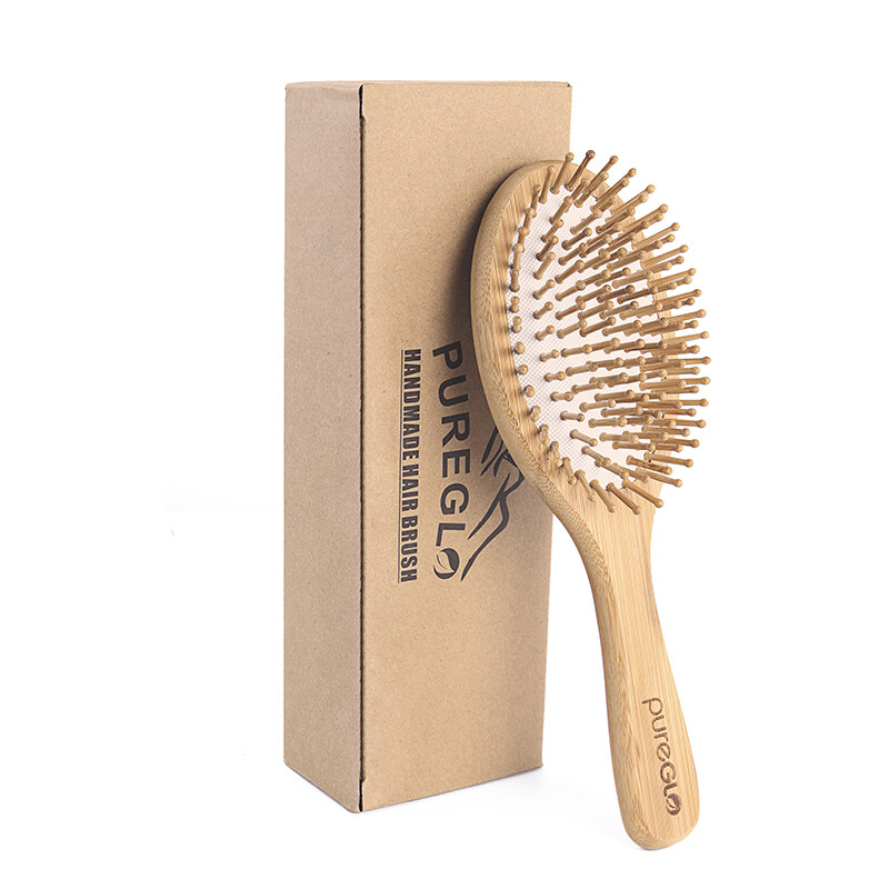 PureGLO Natural Wooden Oval Massage Bamboo paddle Hair Brush For Women And Men With Gift Box pet catmi comb dog hair comb