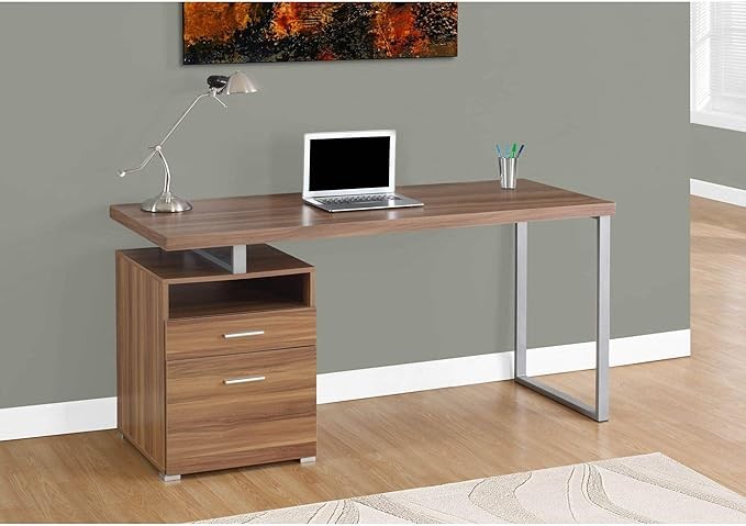 Offex 60" L Home Office Computer Writing Desk Laptop Table with Drawers Open Shelf - Walnut, Silver